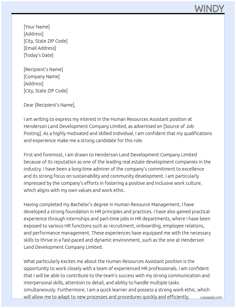 Human Resources Assistant  At Henderson Land Development Company Limited Cover Letter