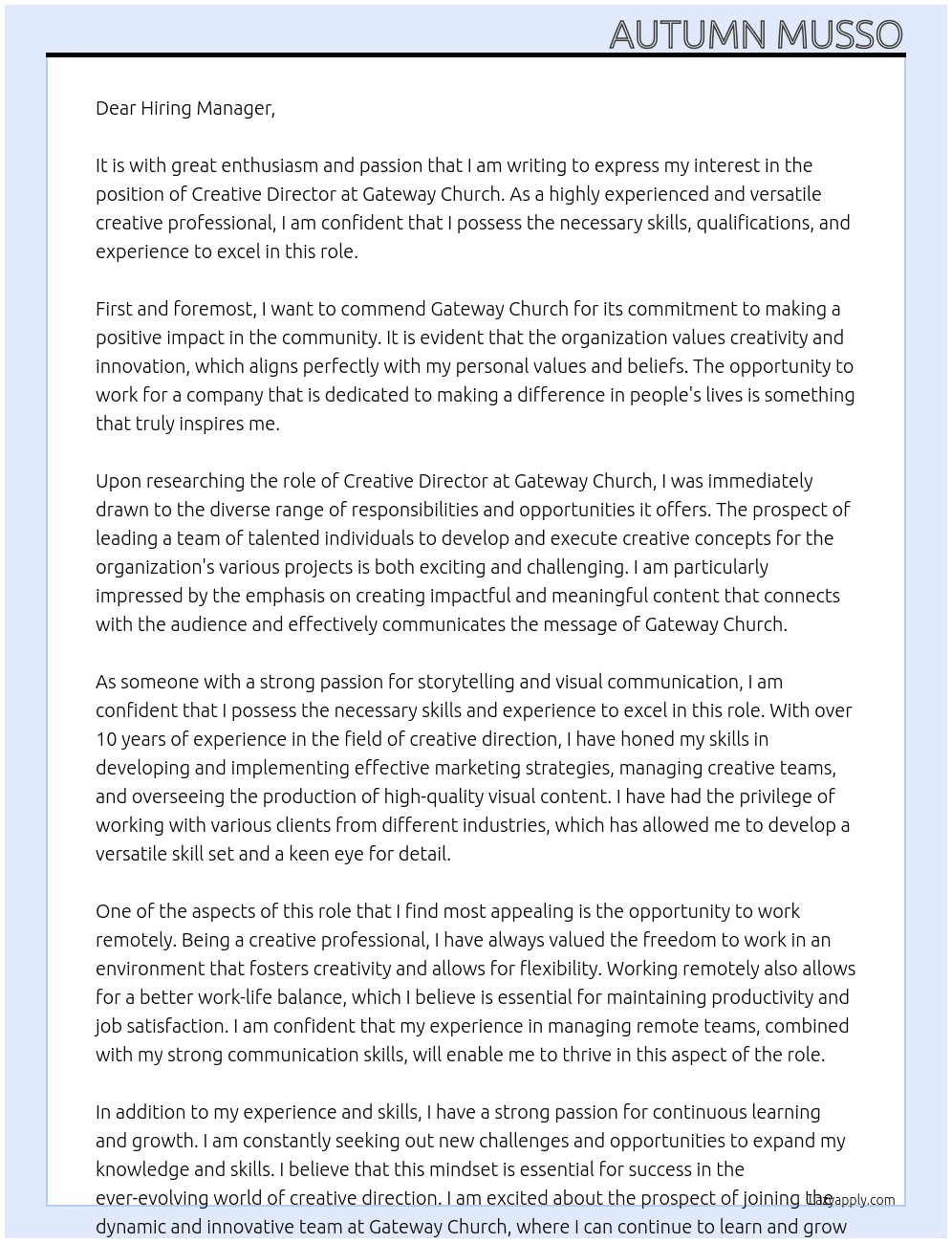Creative Director At Gateway Church Cover Letter