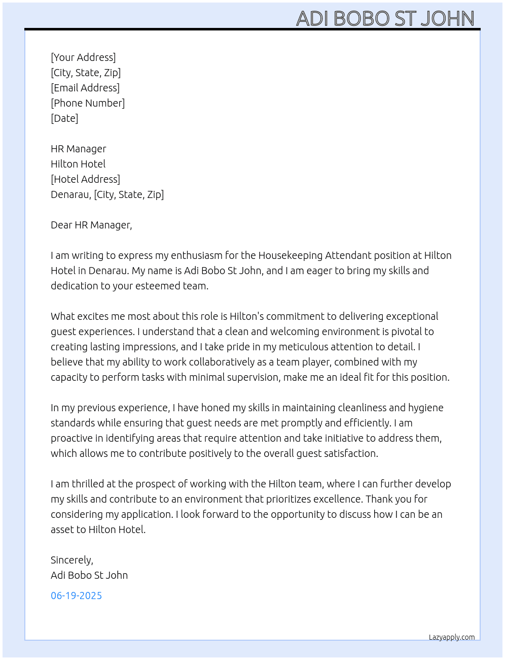 Housekeeping Attendant  At Hilton Hotel Cover Letter