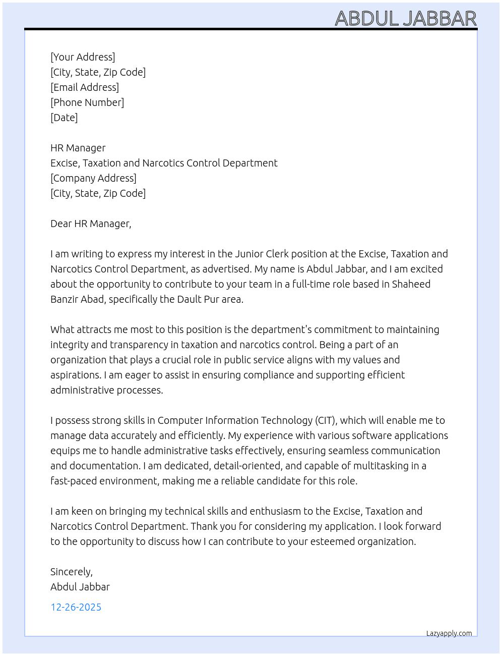 Junoir clerk  At Excise, Taxation and Narcotics  control department Cover Letter
