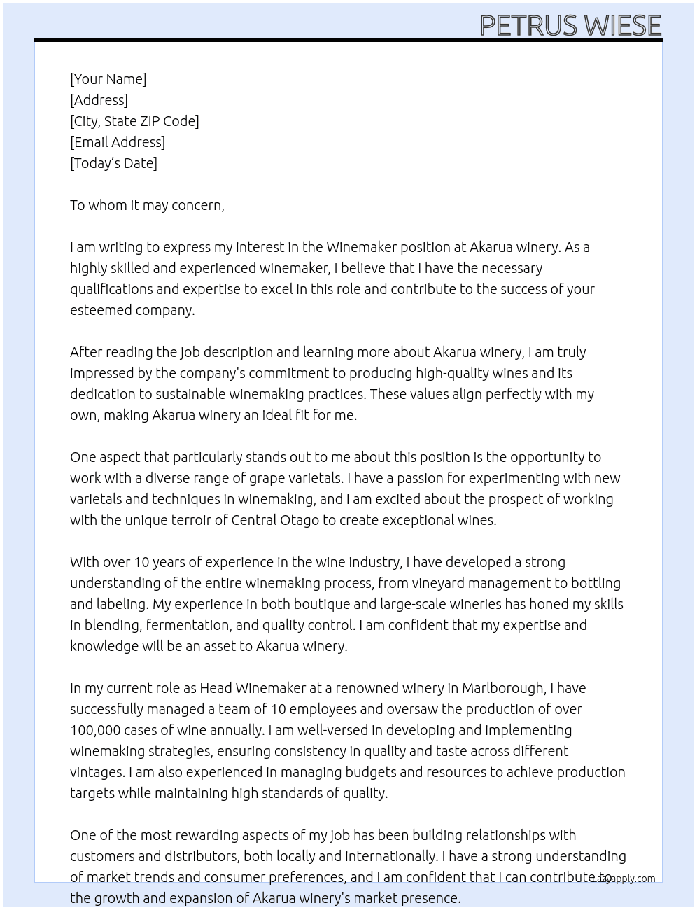 Cover letter for winemaker - LazyApply