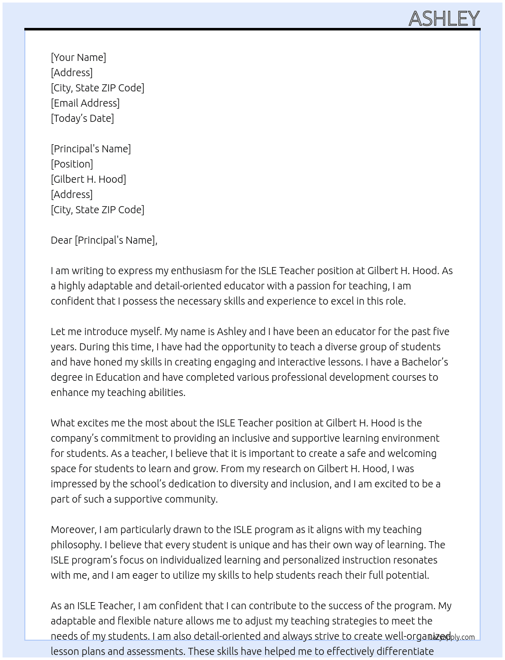 ISLE Teacher At Gilbert H. Hood Cover Letter