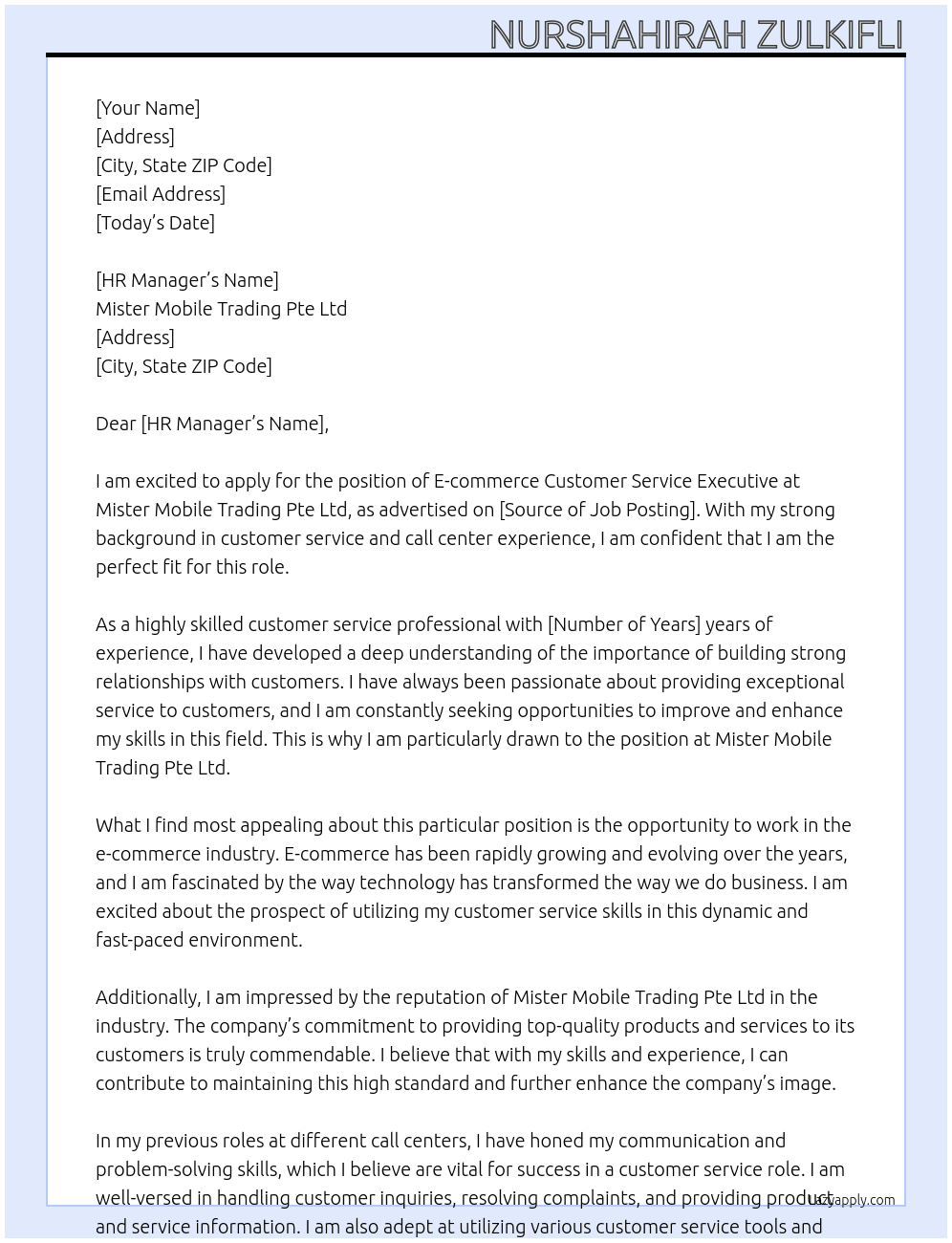 E-commerce customer service executive At Mister Mobile Trading Pte Ltd Cover Letter