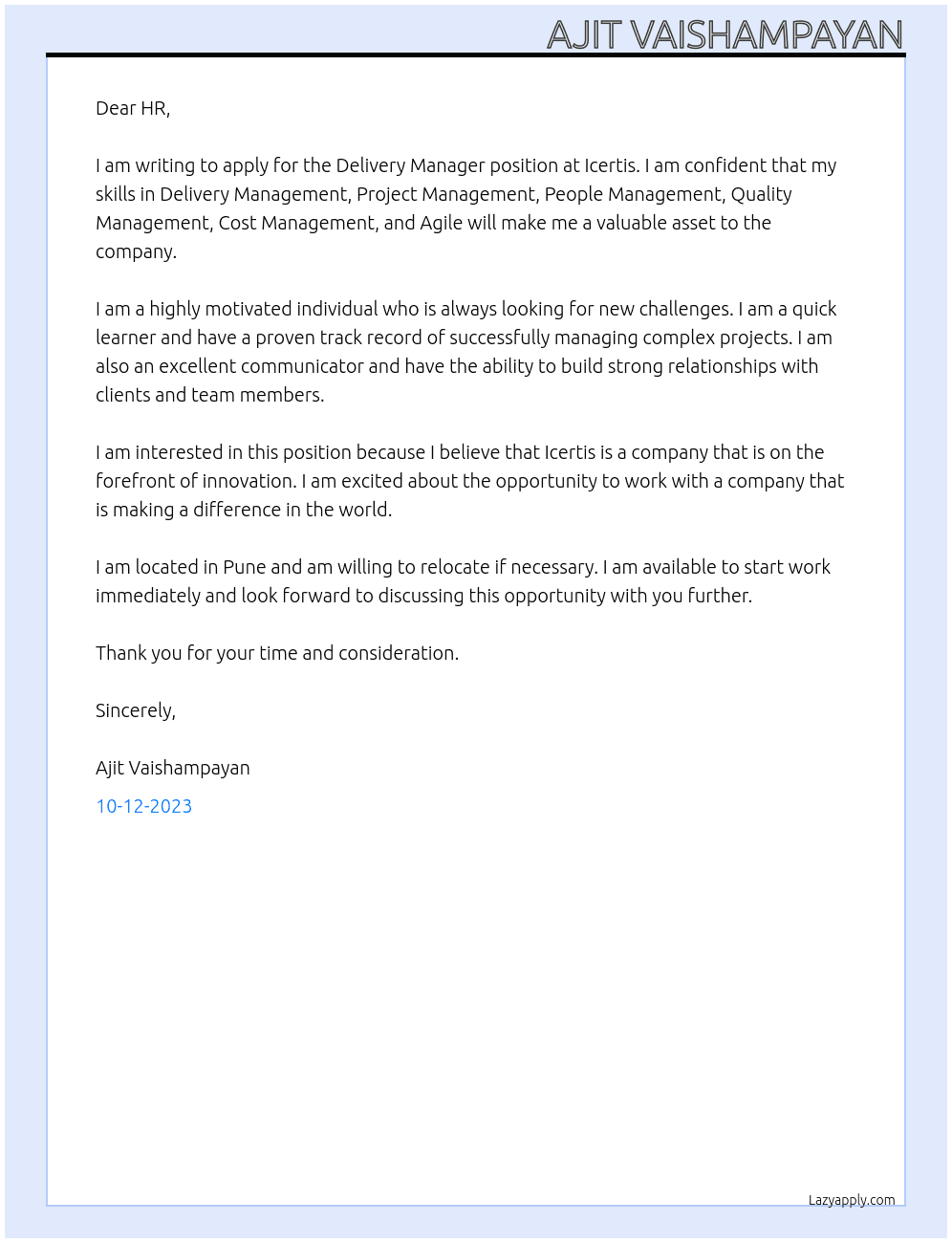 Delivery Manager At Icertis Cover Letter