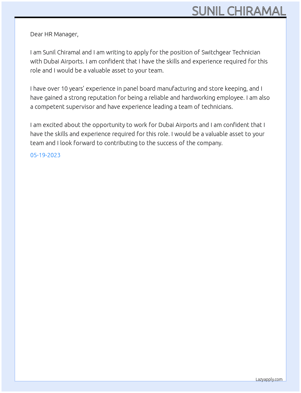 Switchgear Technician At Dubai Airprorts Cover Letter