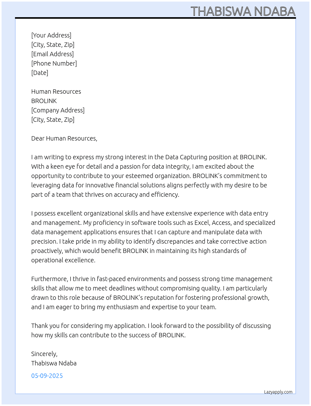 Cover letter for data capturing - LazyApply