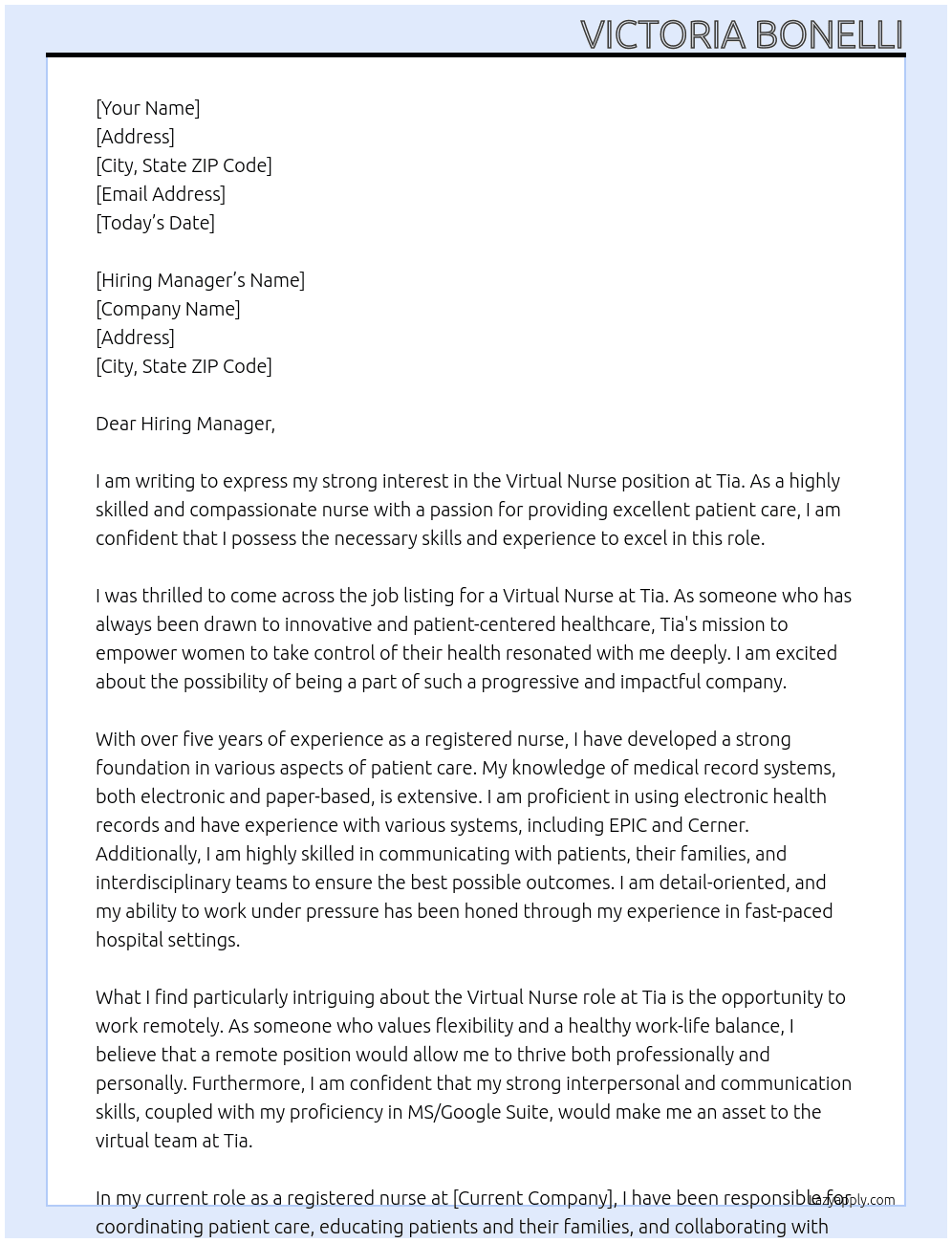 Virtual Nurse At Tia Cover Letter