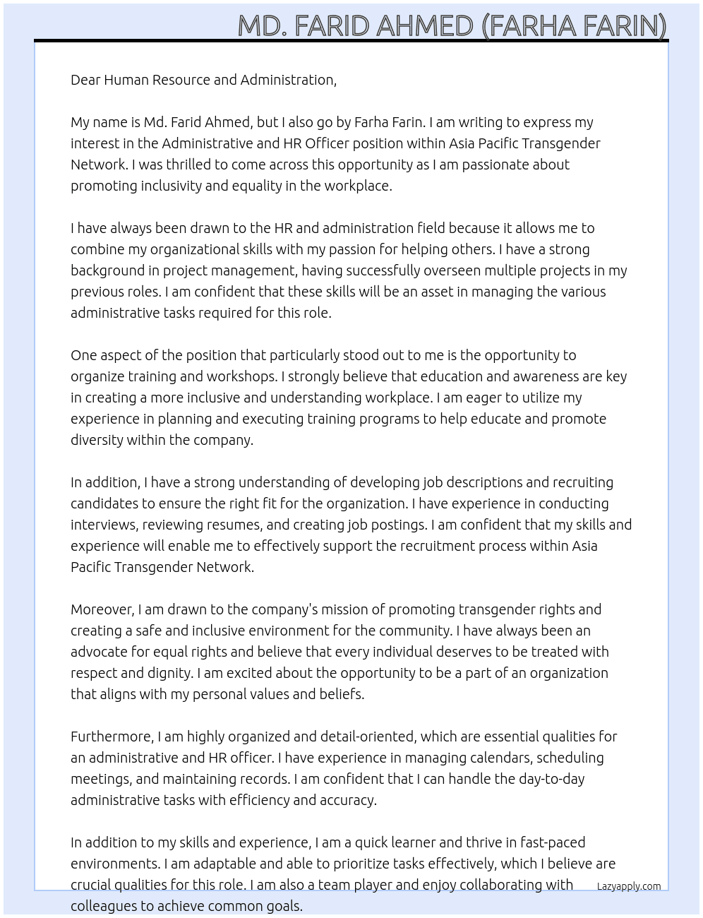 Administrative and HR officer  At Asia pacific Transgender Network  Cover Letter