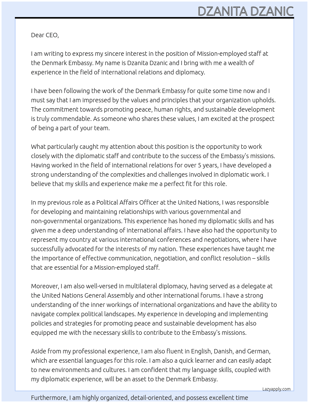 Mission-employed staff At Denmark Embassy Cover Letter