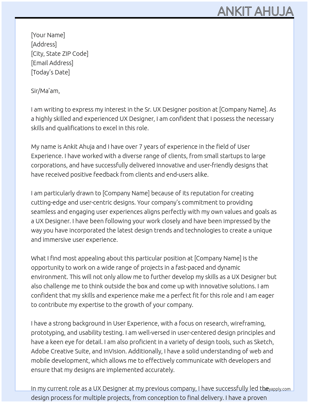 Sr. UX Designer At 1 Cover Letter