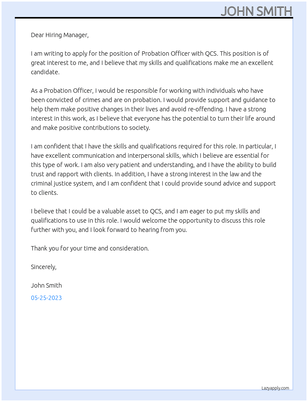 Probation officer At QCS Cover Letter