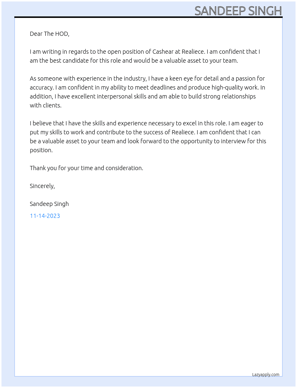 Cashear At Realiece  Cover Letter