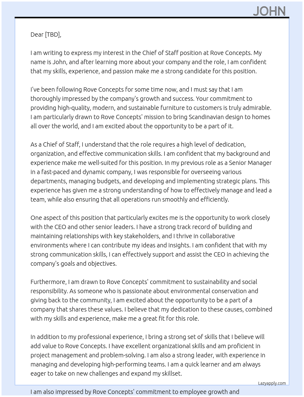 chief of staff At Rove Concpets Cover Letter