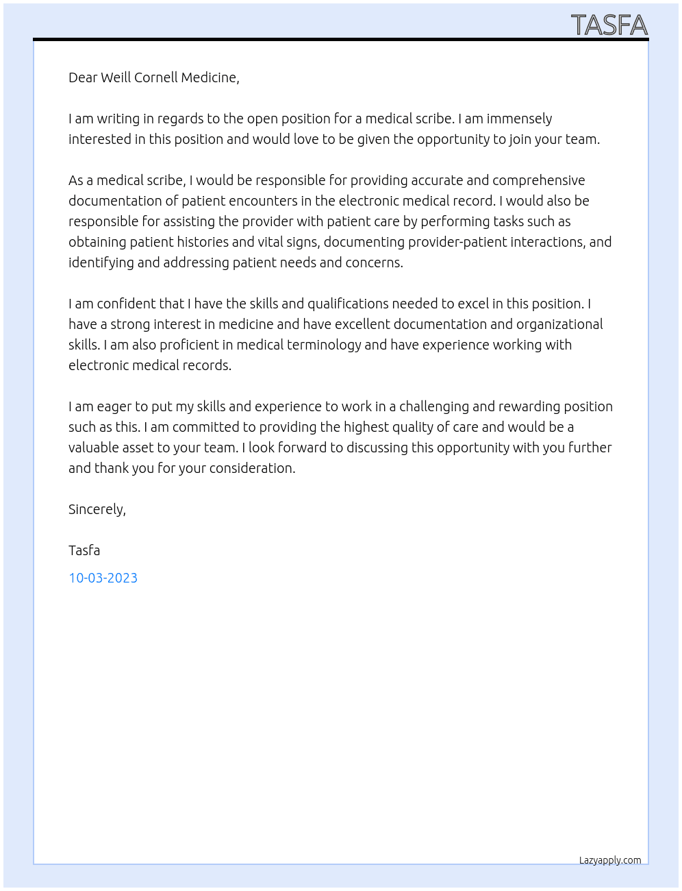 Medical Scribe At Weill Cornell Medicine Cover Letter