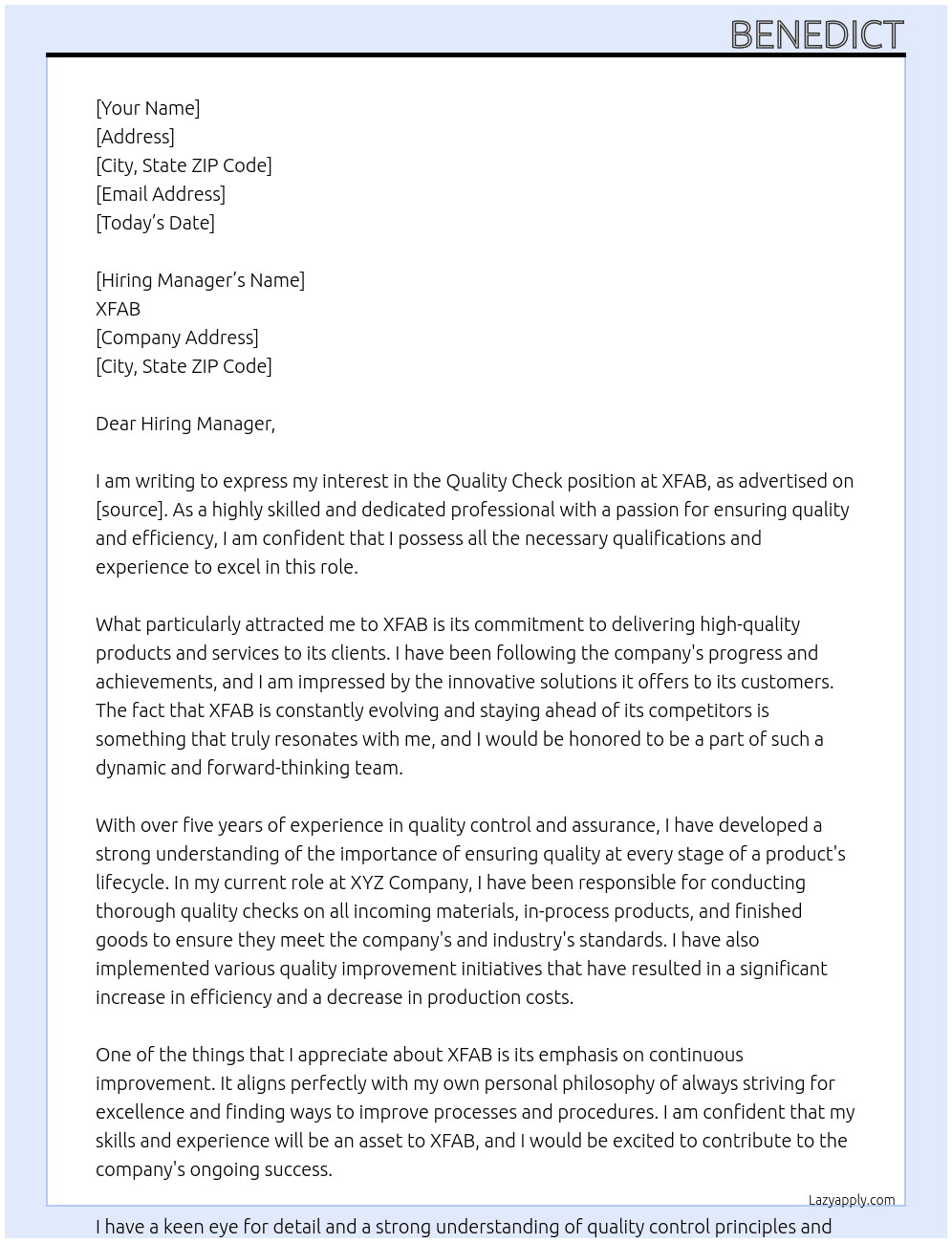 Quality Check At XFAB Cover Letter