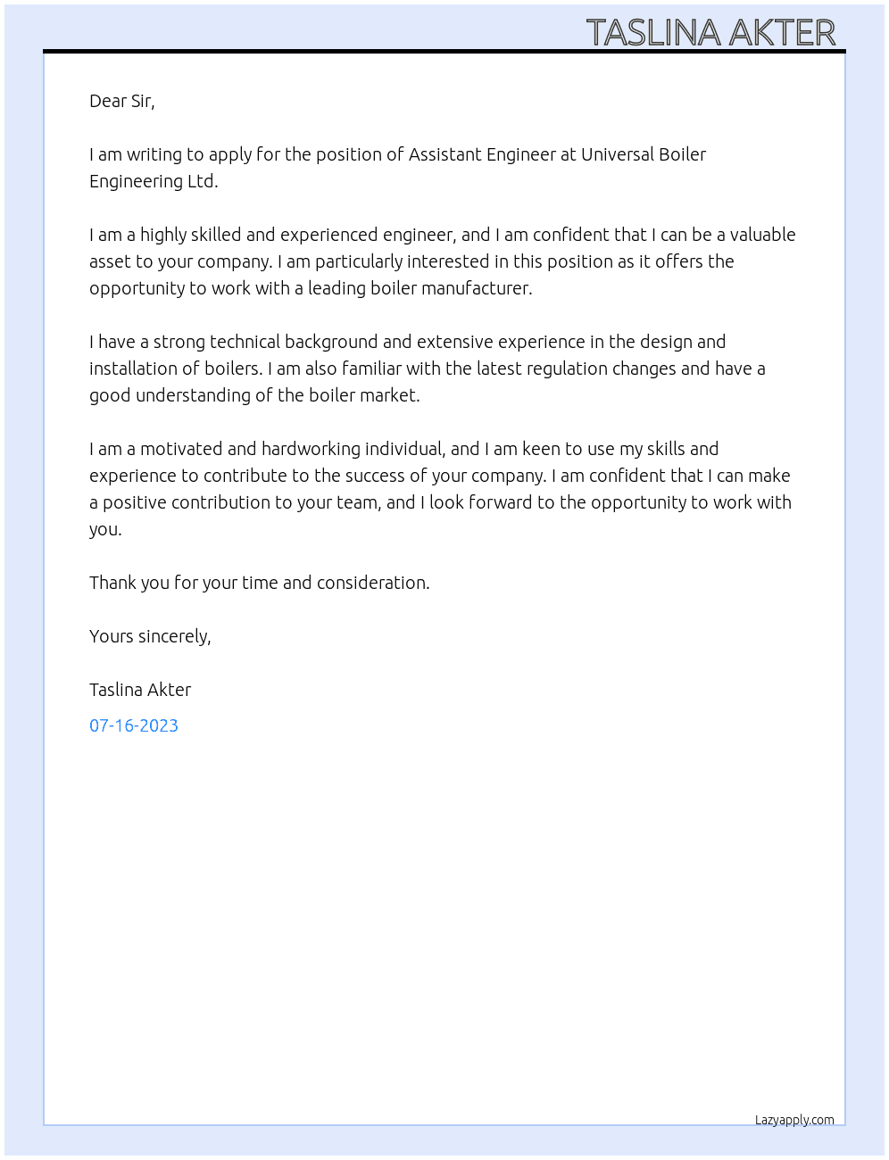 Assistant Engineer  At Universal Boiler Engineering Ltd. Cover Letter
