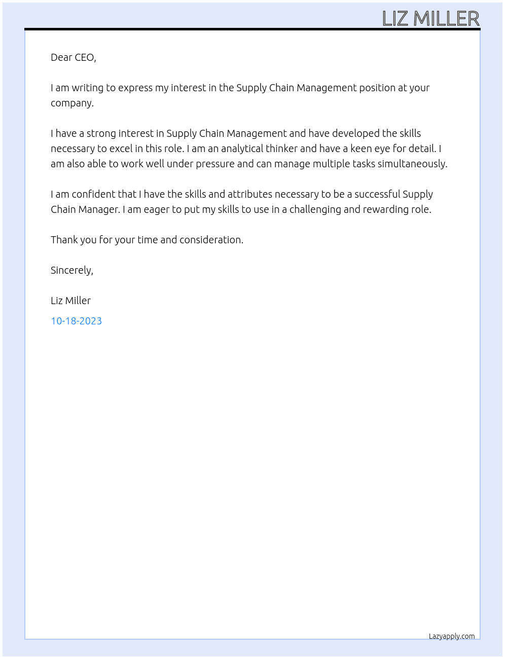 Supply Chain Management At Unknown Cover Letter