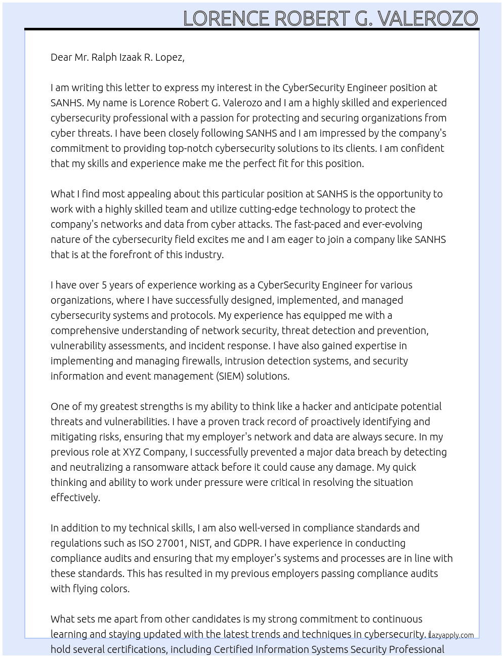 CyberSecurity Engineer At SANHS Cover Letter