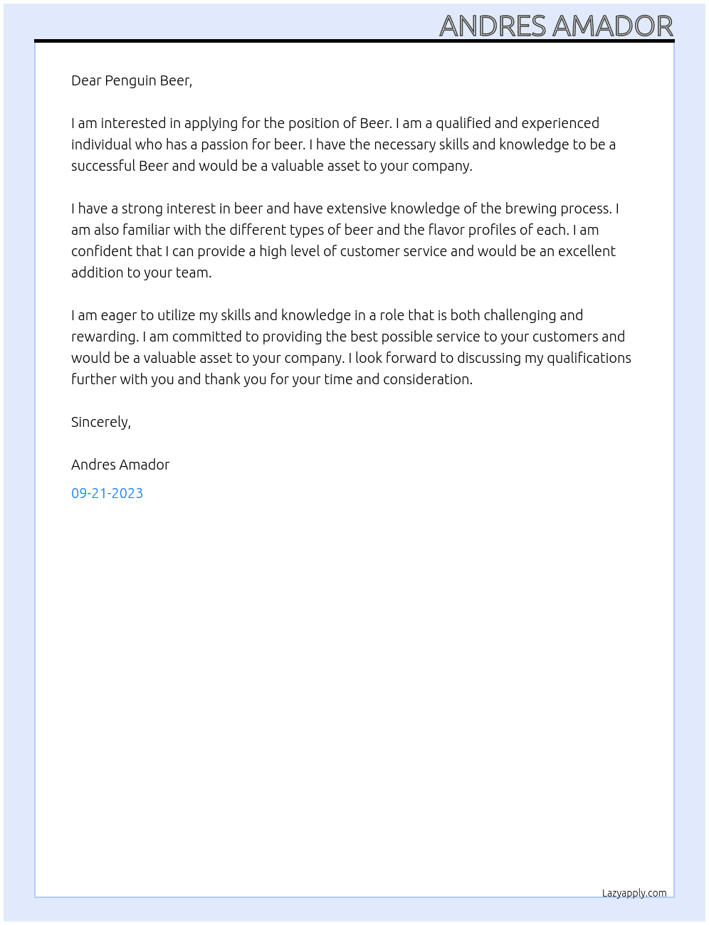 Beer At penguin beer Cover Letter
