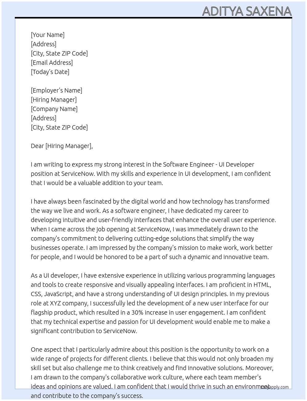 Software Engineer - UI Developer At service now   Cover Letter