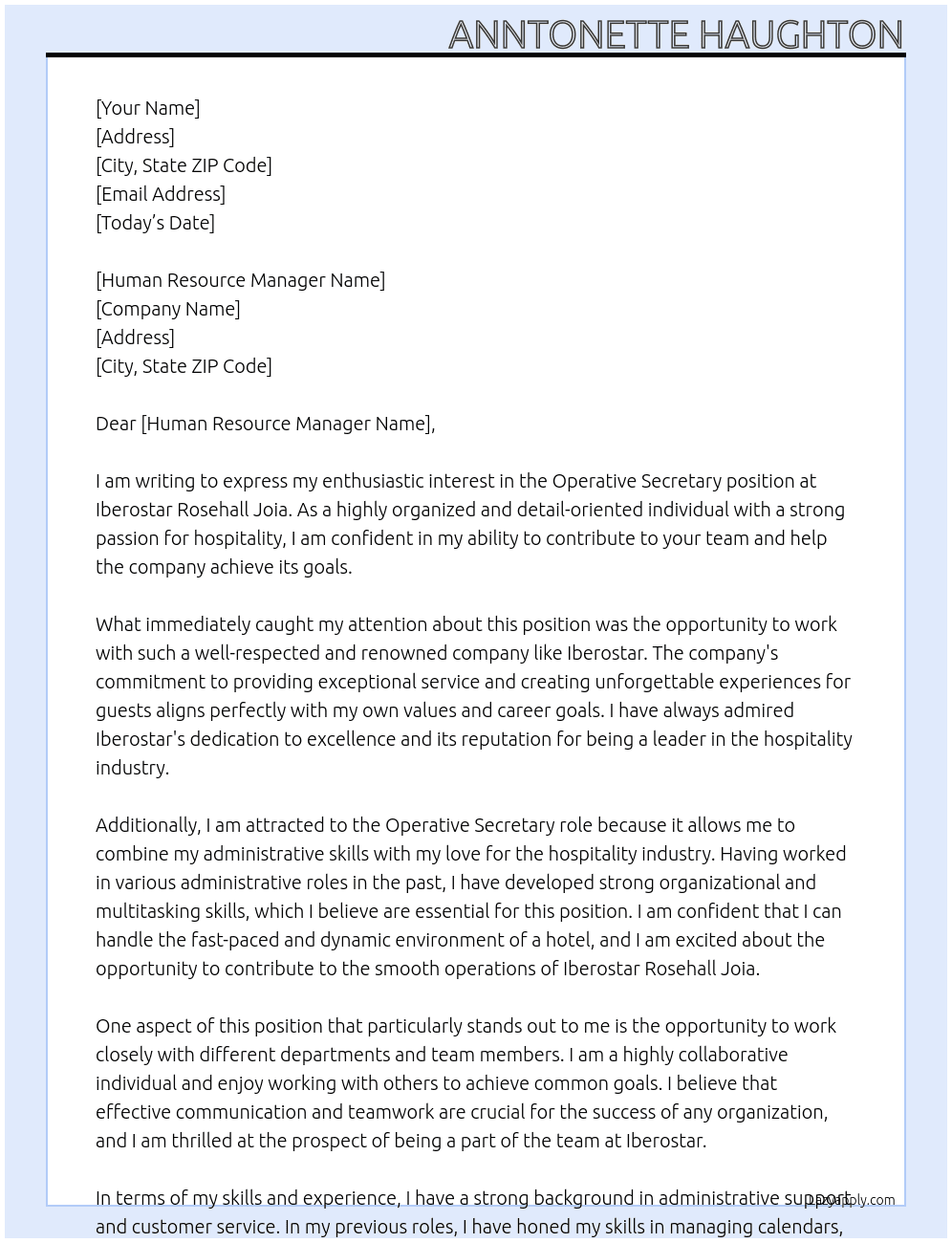 operative secretary At Iberostar Rosehall Joia Cover Letter