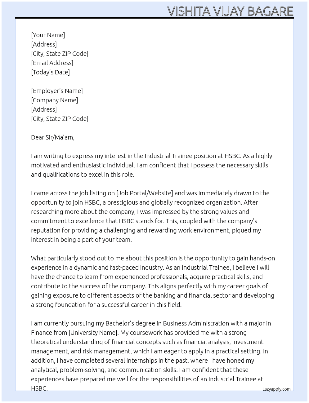 Industrial Trainee At HSBC  Cover Letter