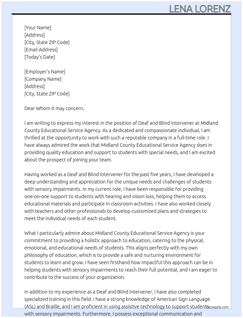 Deaf and Blind Intervener At Midland county educational service agency  Cover Letter
