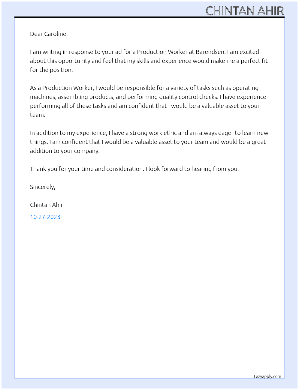 Production Worker  At Barendsen Cover Letter