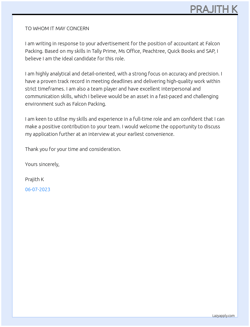 ACCOUNTANT At Falcon Packing Cover Letter