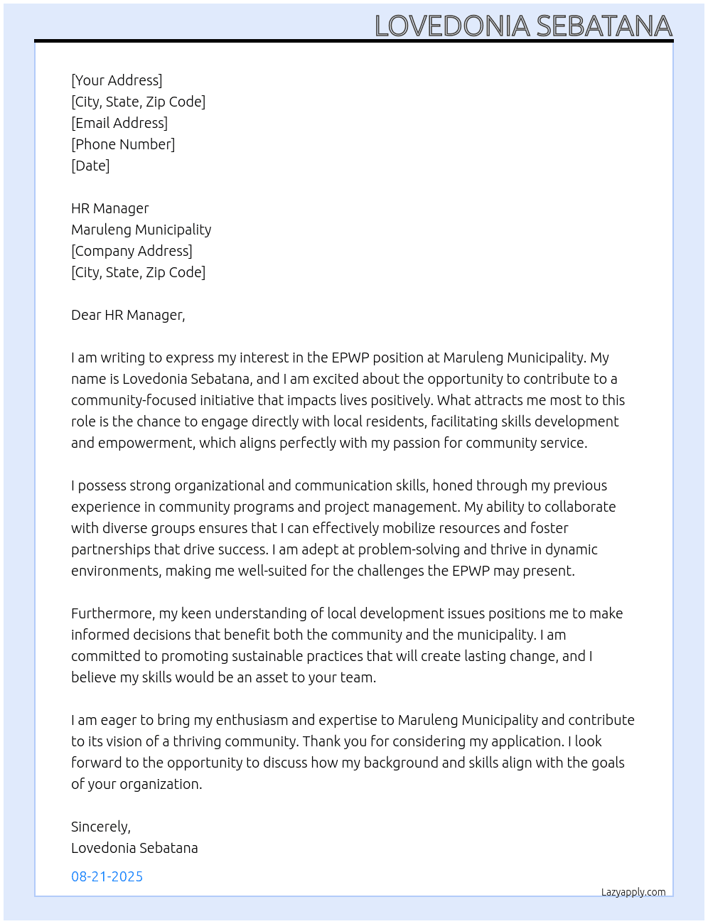 EPWP At Maruleng Municipality Cover Letter