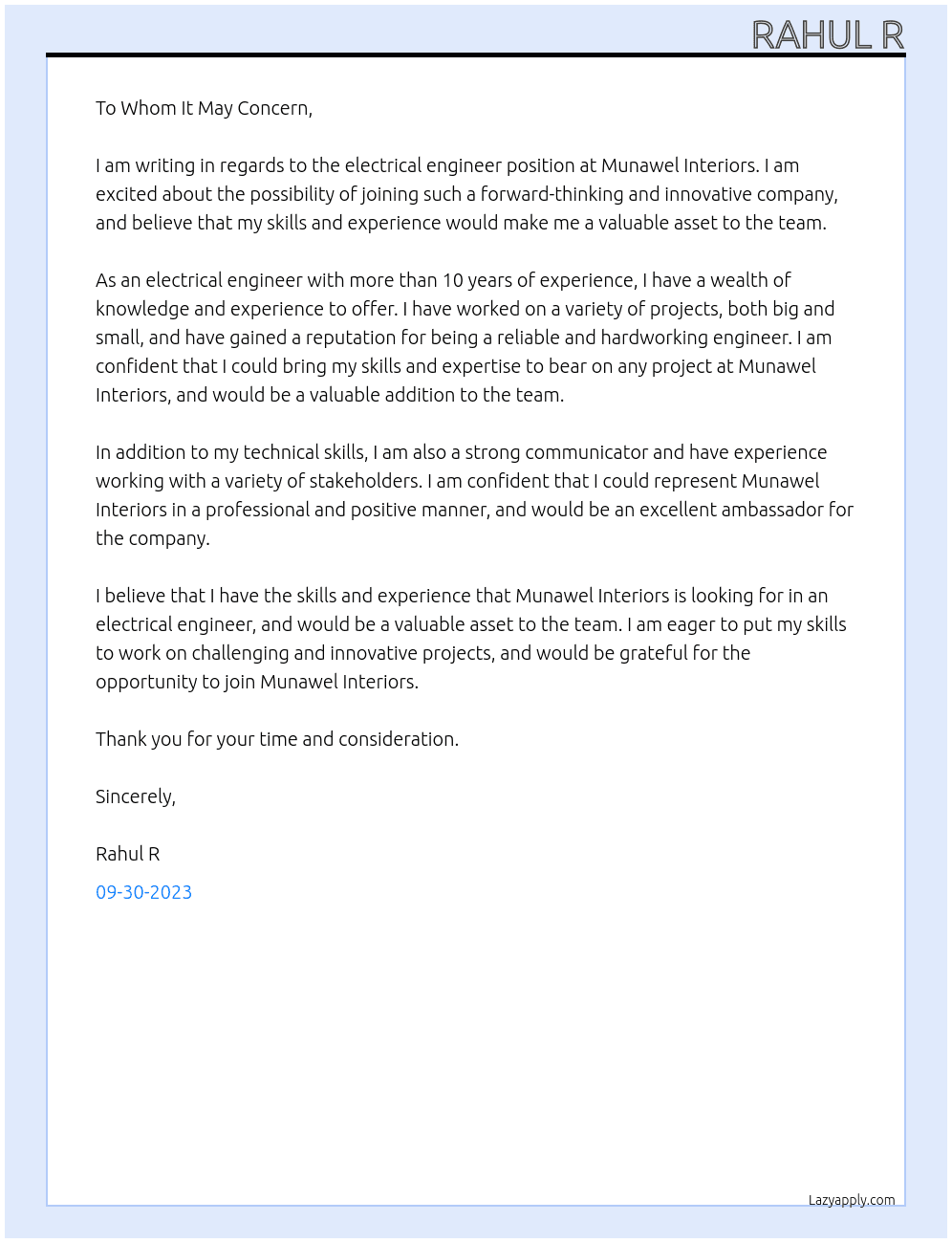 Electricla engineer At Munawel interiors Cover Letter
