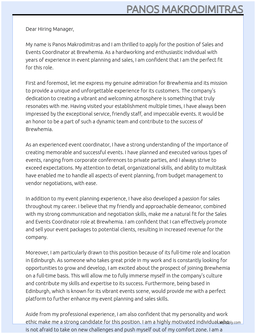 Sales and Events Coordinator At Brewhemia Cover Letter