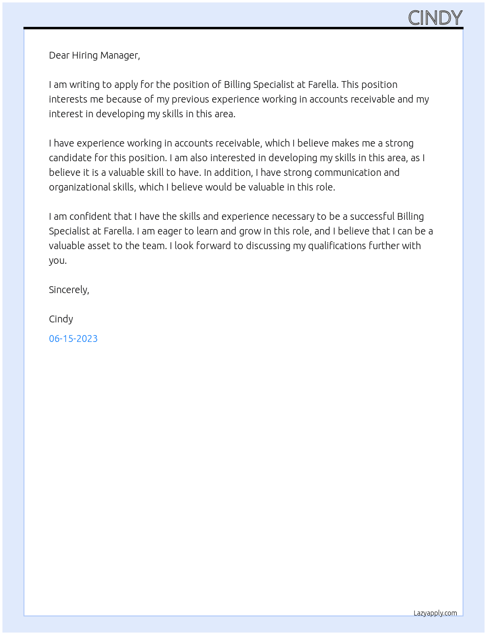 Billing Specialist At Farella Cover Letter