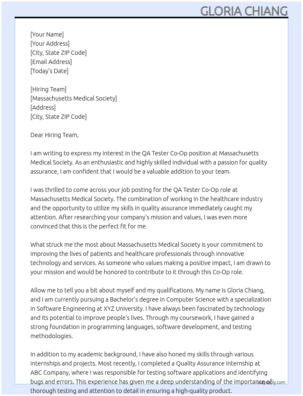 QA Tester Co-Op At Massachusetts Medical Society Cover Letter