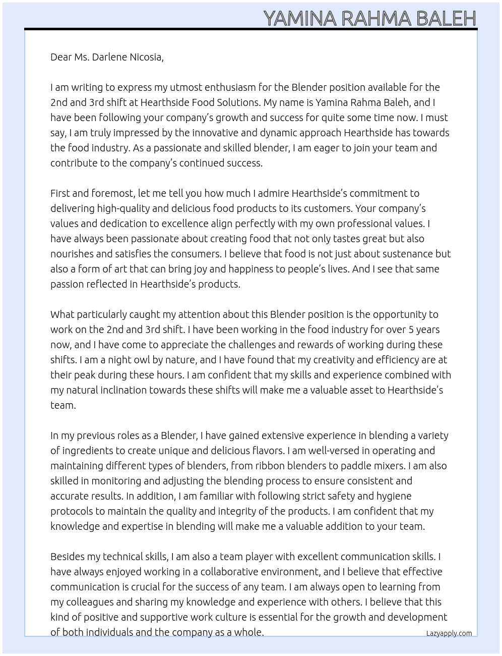 Blender - 2nd, 3rd Shift At Hearthside Food Solutions Cover Letter