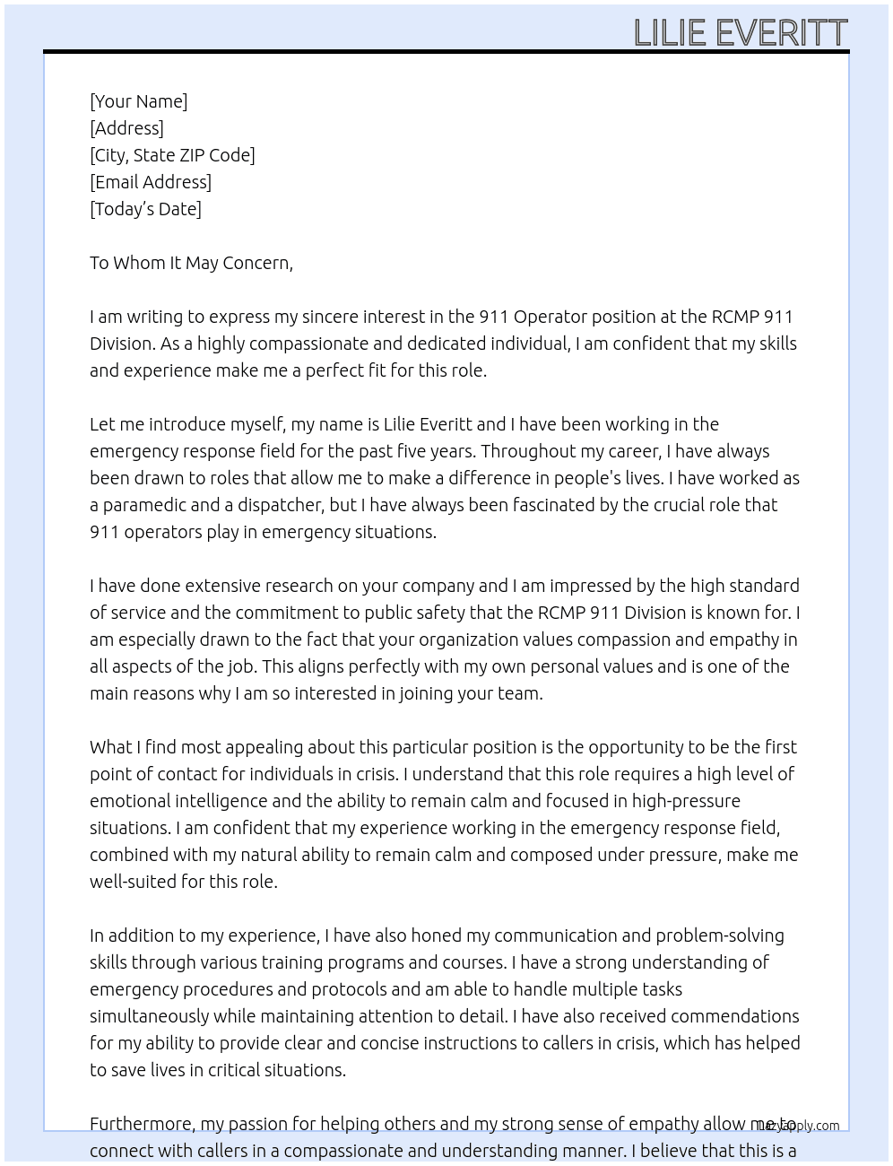 911 operator At RCMP 911 Division Cover Letter