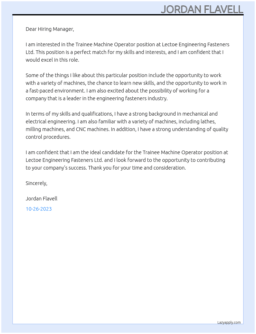 Trainee Machine Operator At Lectoe Engineering Fasteners Ltd Cover Letter