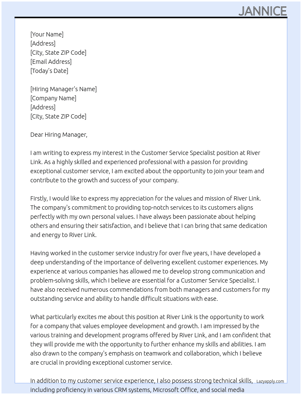 Customer Service Specialist At River Link Cover Letter