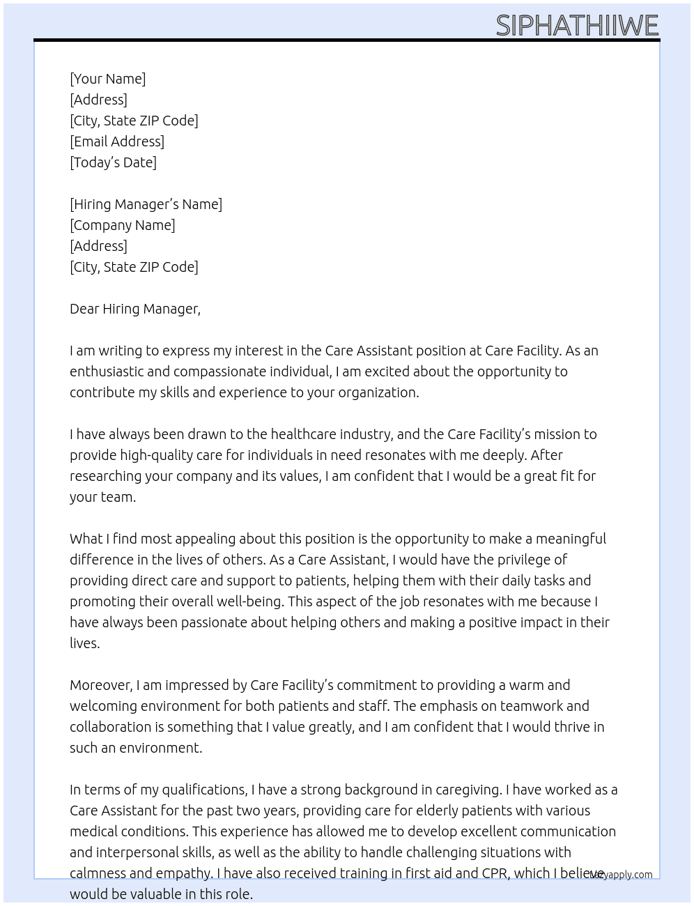 Care Assistant At Care Facility Cover Letter