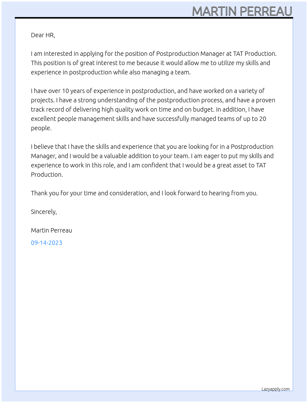 Postproduction Manager At TAT Production Cover Letter