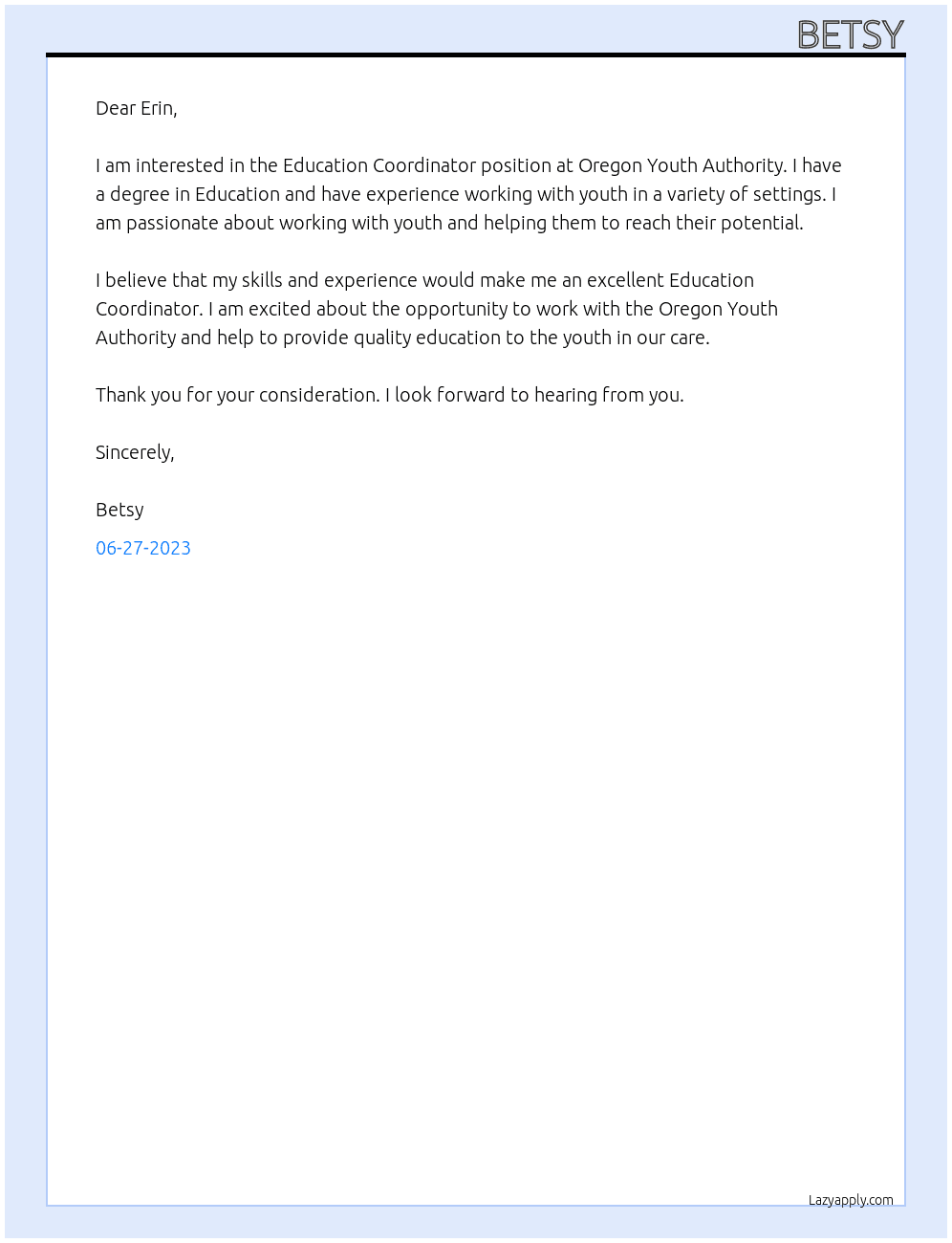 Education Coordinator At Oregon Youth Authority Cover Letter