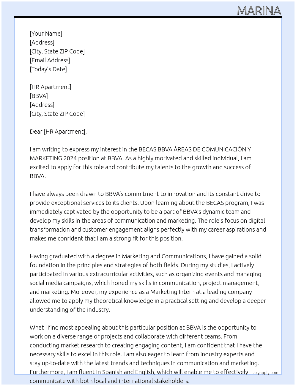 BECAS BBVA ÁREAS DE COMUNICACIÓN Y MARKETING 2024 At BBVA Cover Letter
