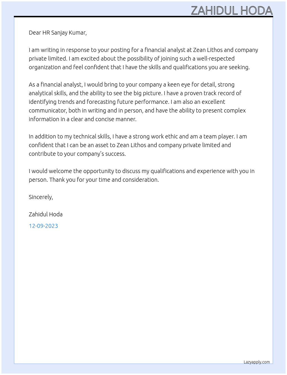 Financial analyst  At Zean Lithos and company private limited Cover Letter