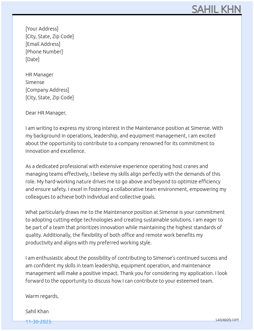 Maintenance  At Simense Cover Letter