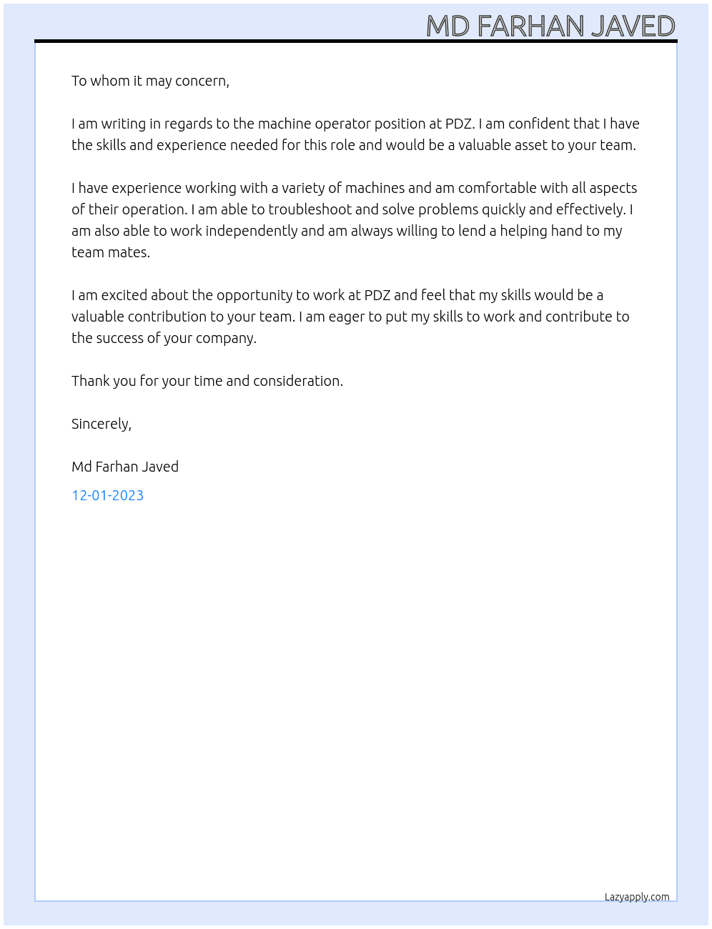 Machine operator At PDZ Cover Letter