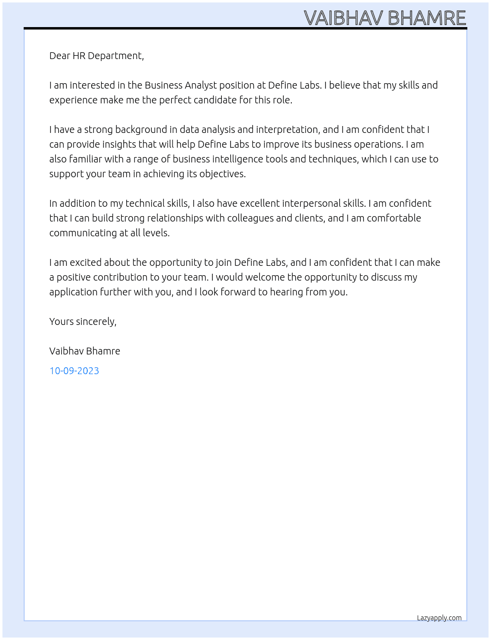 Business Analyst At Define Labs Cover Letter