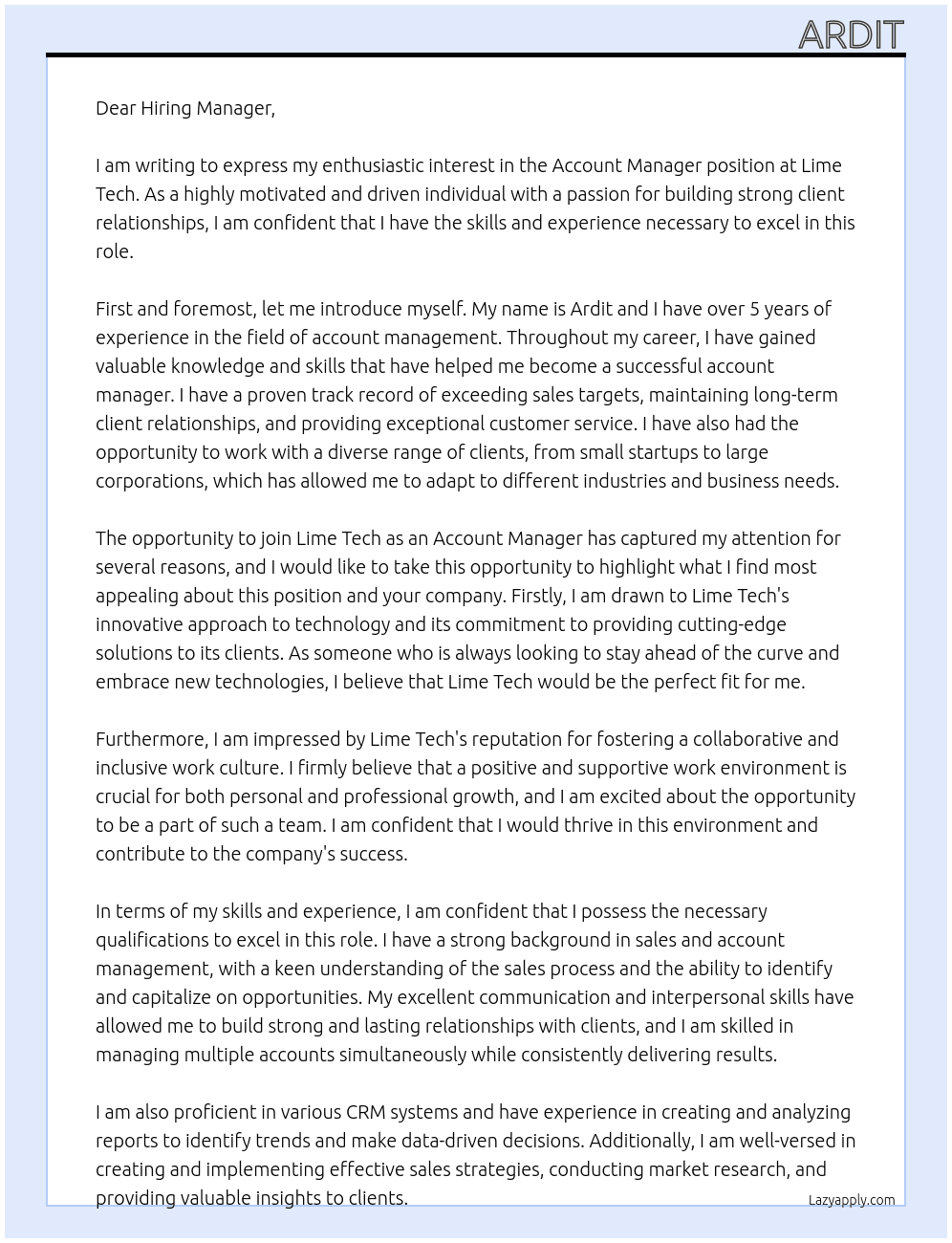 Account Manager At Lime Tech Cover Letter