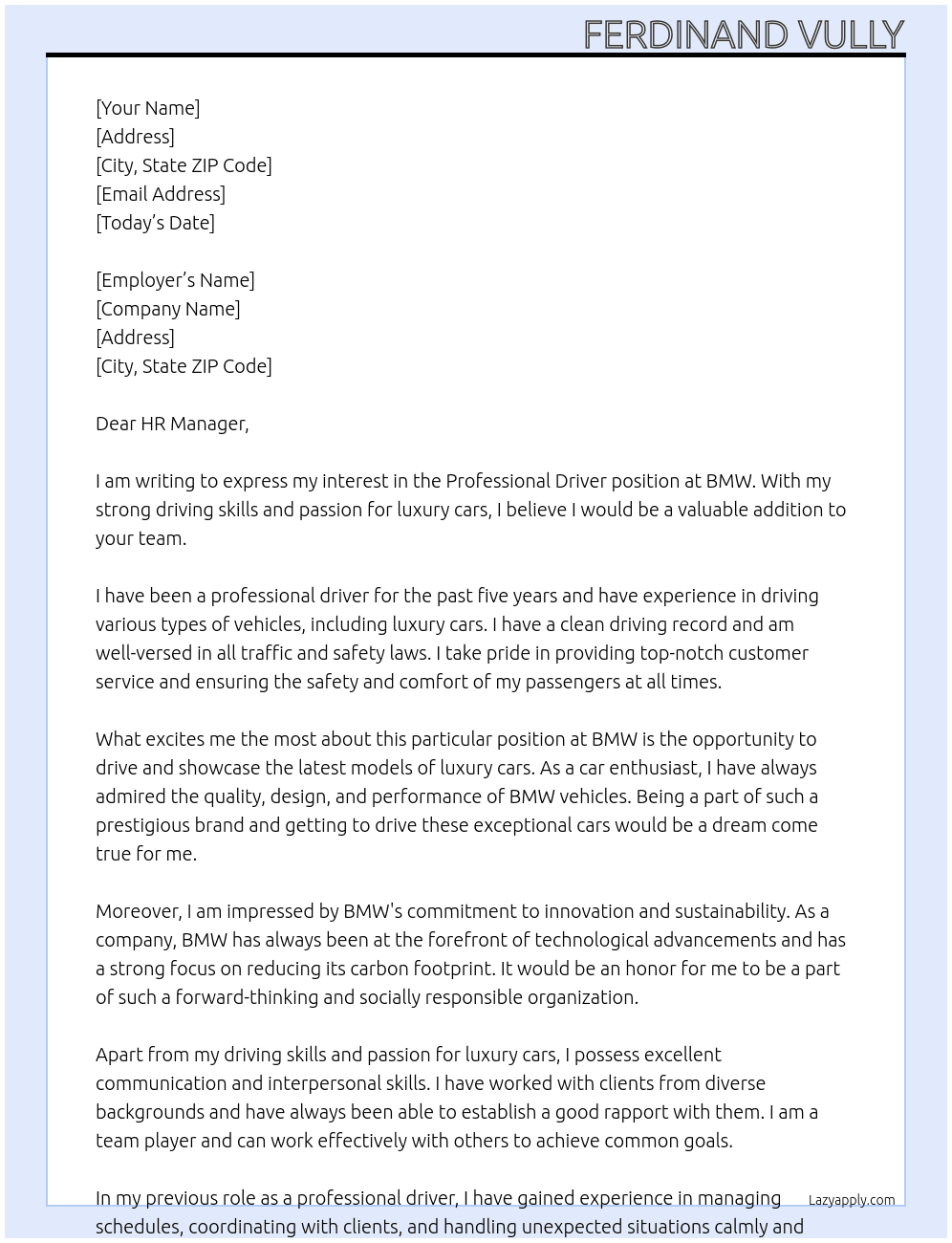 Professional Driver At BMW Cover Letter