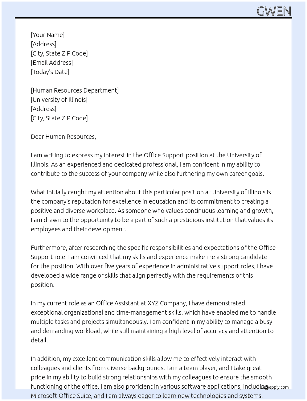 Office Support At University of Illinois Cover Letter