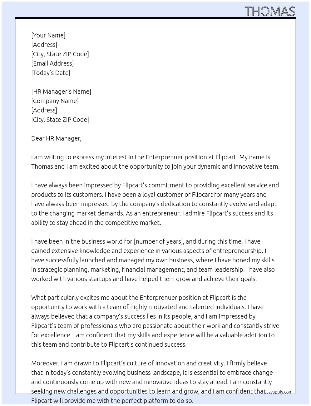 Enterprenuer At Flipcart Cover Letter